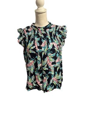 {crown & ivy} Blue Parrot Floral Ruffle Sleeve Blouse
